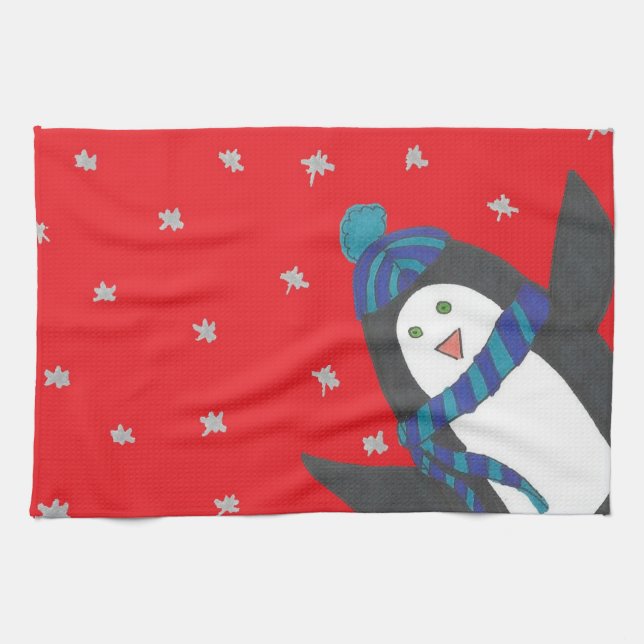 Christmas Penguin on Red Kitchen Towel (Horizontal)