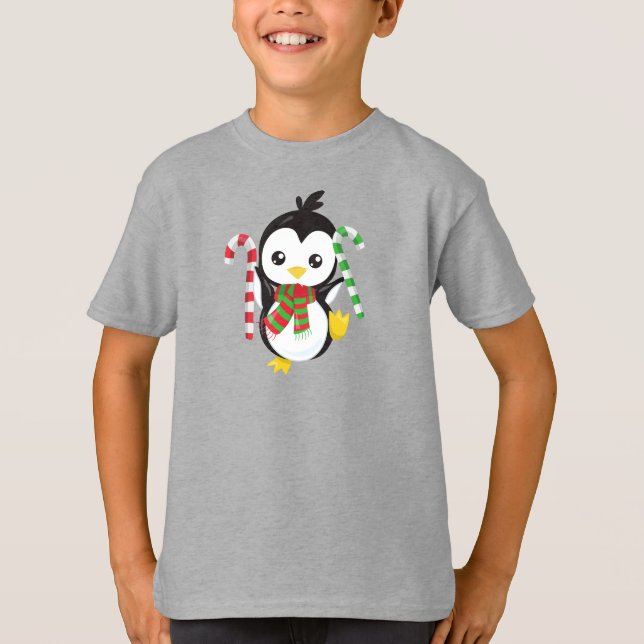 Christmas Penguin, Penguin With Scarf, Candy Cane T-Shirt (Front)