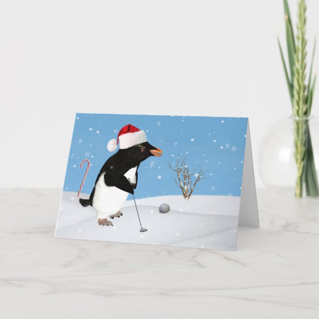 Christmas, Penguin Playing Golf Holiday Card (Front)