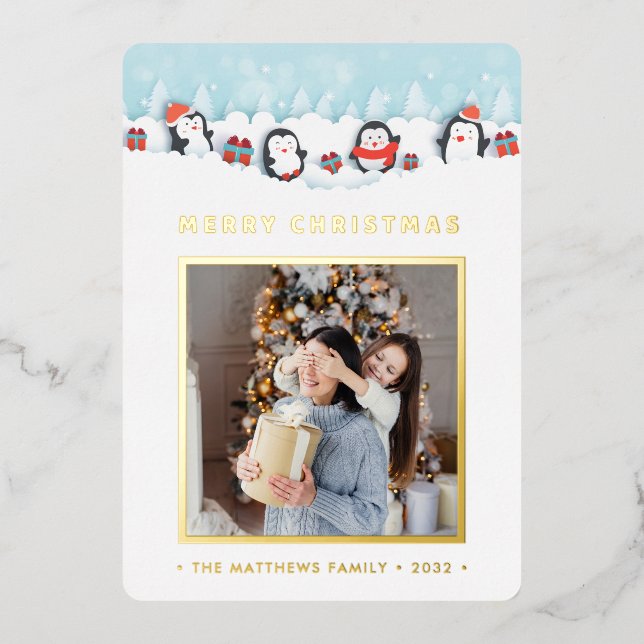 Christmas Penguin Present Joy  | Foil Card (Front)