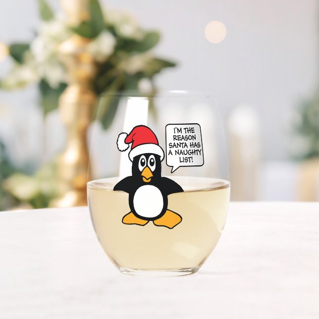 Christmas Penguin Santa Naughty List Stemless Wine Glass (Insitu (Wedding))