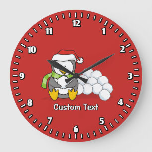 Christmas penguin sitting with snow balls large clock