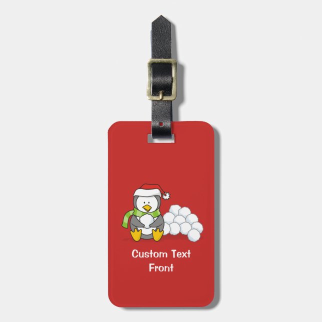 Christmas penguin sitting with snow balls luggage tag (Front Vertical)