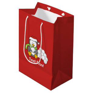 Christmas penguin sitting with snow balls medium gift bag
