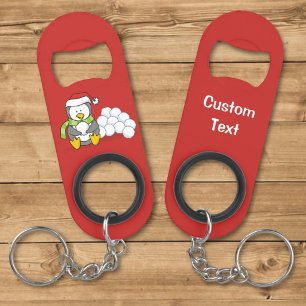 Christmas penguin sitting with snow balls mini bottle opener