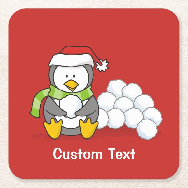 Christmas penguin sitting with snow balls square paper coaster (Front)