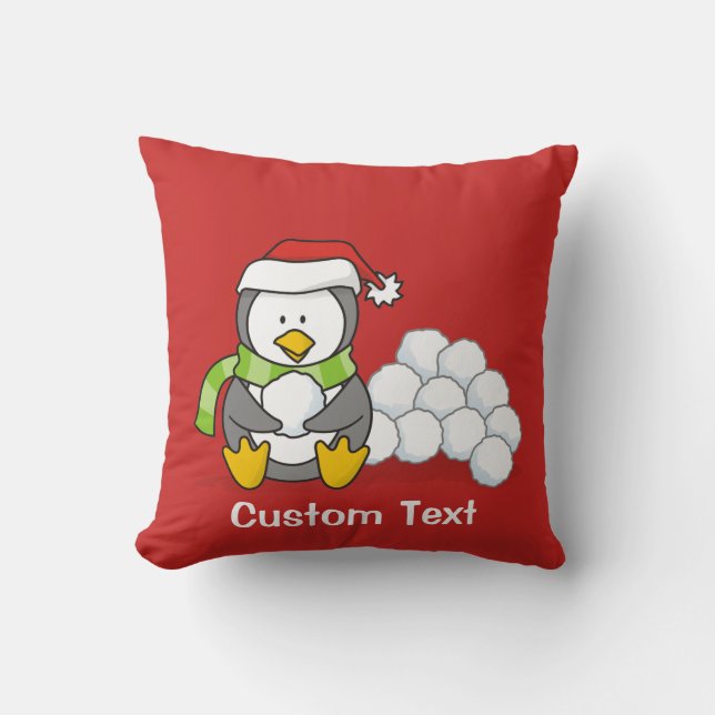 Christmas penguin sitting with snow balls throw pillow (Front)