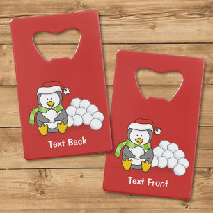 Christmas penguin sitting with snow balls wallet bottle opener