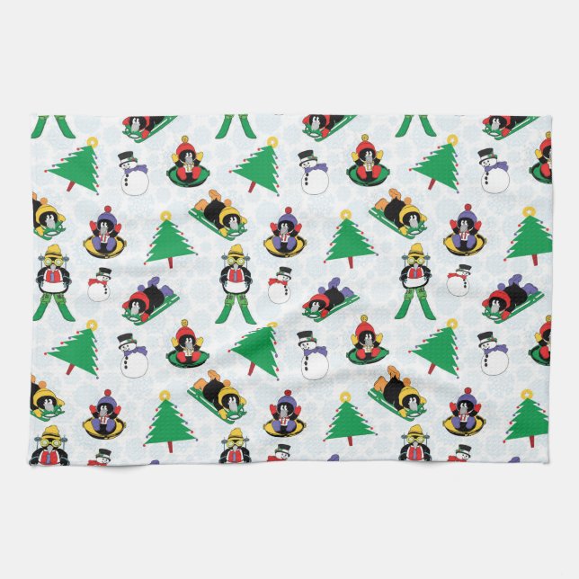 Christmas penguin skiing kitchen towel (Horizontal)