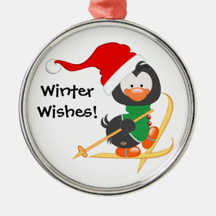 Christmas Penguin Skiing Metal Ornament