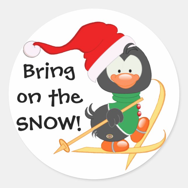 Christmas Penguin Skiing Snow Classic Round Sticker (Front)
