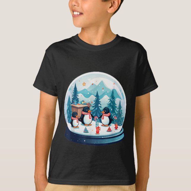 Christmas Penguin Snow Globe Scene Family Holiday  T-Shirt (Front)