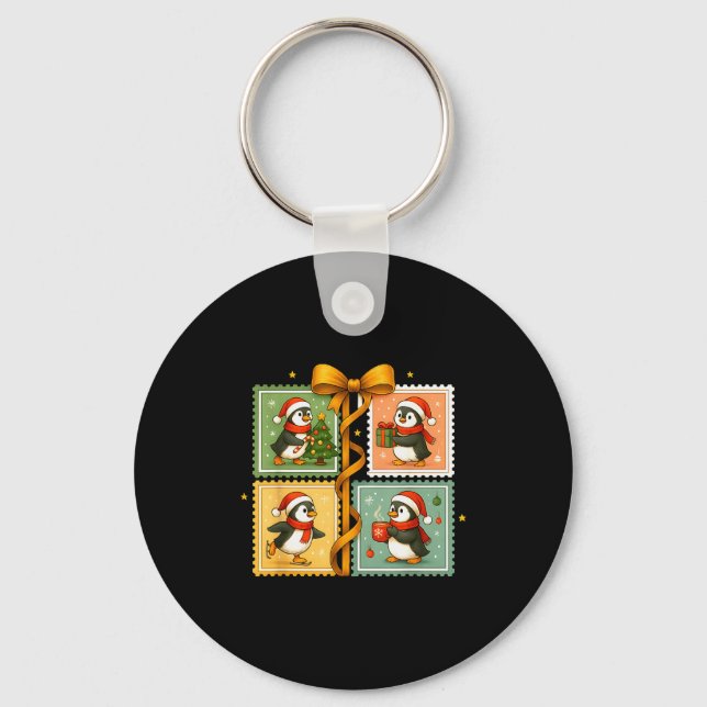 Christmas Penguin Stamp Collage  Keychain (Front)