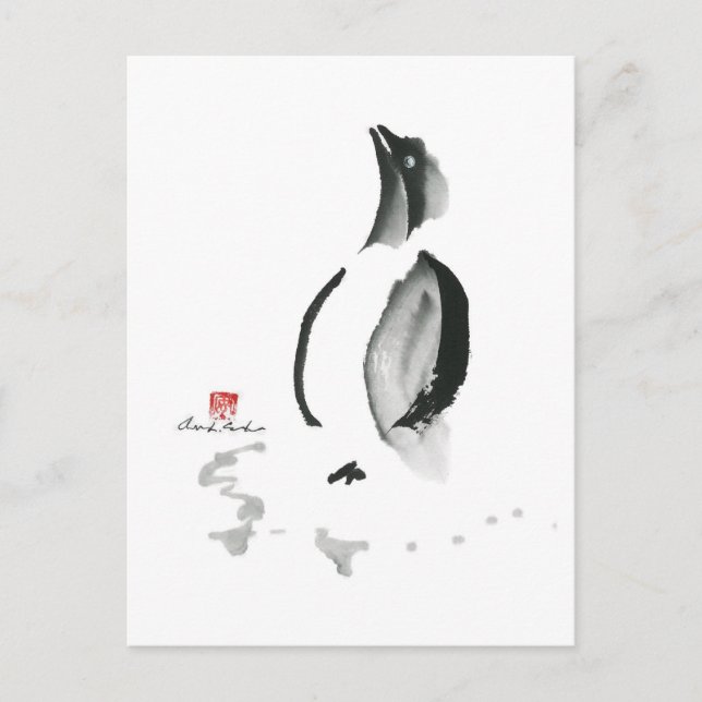Christmas Penguin, Sumi-e Holiday Postcard (Front)