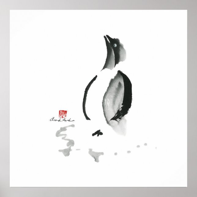 Christmas Penguin, Sumi-e Poster (Front)