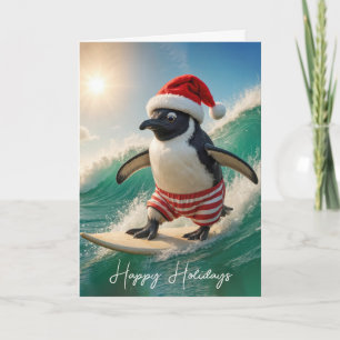Christmas Penguin Surfing On a Wave Holiday Card