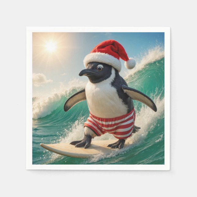 Christmas Penguin Surfing On an Ocean Wave Napkin (Front)