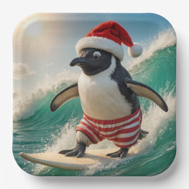 Christmas Penguin Surfing On an Ocean Wave Paper Plate (Front)
