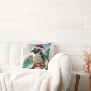 Christmas Penguin Surfing On an Ocean Wave Throw Pillow