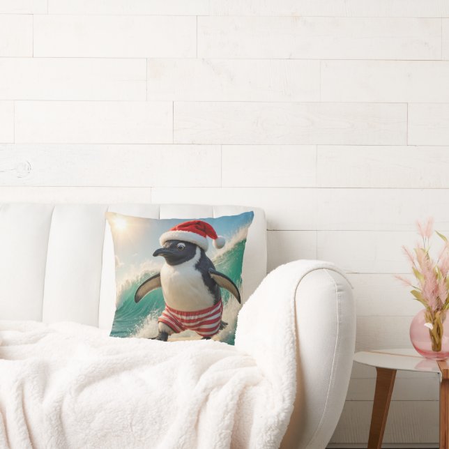 Christmas Penguin Surfing On an Ocean Wave Throw Pillow (Couch)