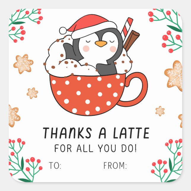 Christmas Penguin Thanks a Latte Square Sticker (Front)