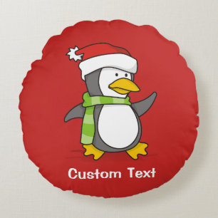 Christmas penguin walking on snow round pillow