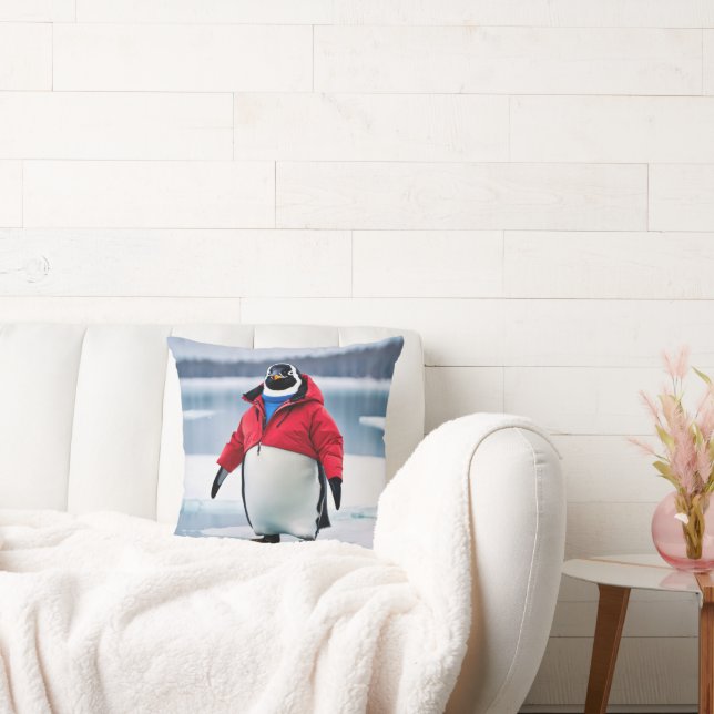 Christmas Penguin Wearing a Red Coat Throw Pillow (Couch)