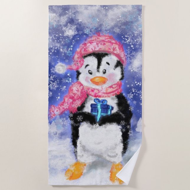 Christmas Penguin with Gift Beach Towel (Front)