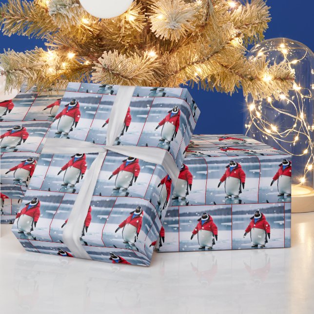 Christmas Penguin With Red Coat and Snowflakes Wrapping Paper (Holidays)