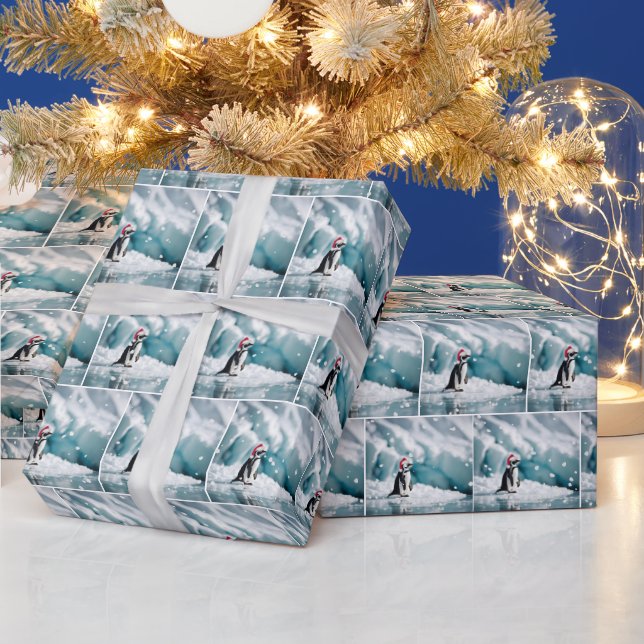 Christmas Penguin With Santa Claus Hat Wrapping Paper (Holidays)
