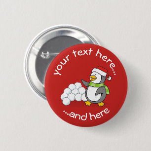 Christmas penguin with snow balls waving 2 inch round button