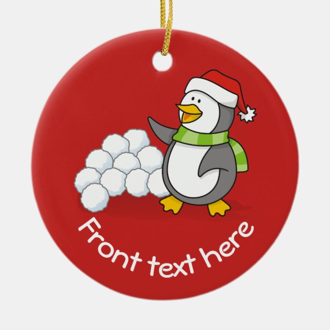 Christmas penguin with snow balls waving ceramic ornament (Front)