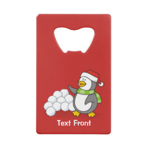 Christmas penguin with snow balls waving credit card bottle opener