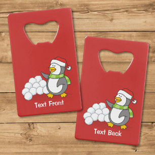 Christmas penguin with snow balls waving credit card bottle opener