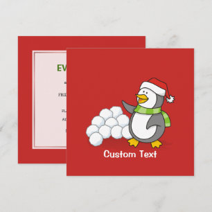 Christmas penguin with snow balls waving invitation