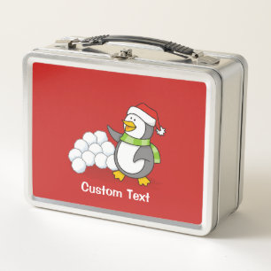 Christmas penguin with snow balls waving metal lunch box