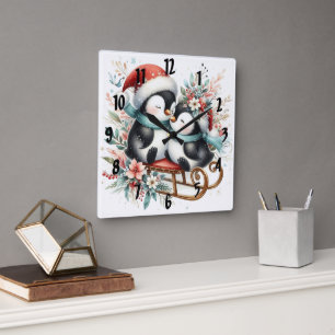 Christmas Penguins 1 Square Wall Clock