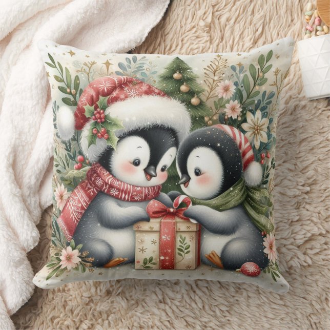 Christmas Penguins 5 Throw Pillow (Blanket)