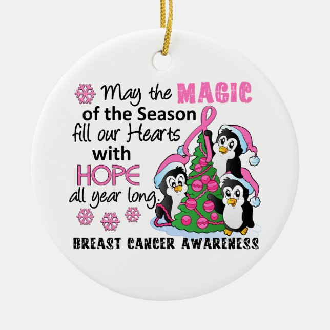 Christmas Penguins Breast Cancer Ceramic Ornament (Front)