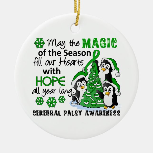Christmas Penguins Cerebral Palsy Ceramic Ornament (Front)