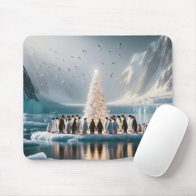 Christmas Penguins Gathering Around a Tree Mouse Pad (With Mouse)