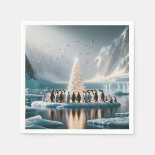 Christmas Penguins Gathering Around a Tree Napkin