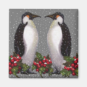 Christmas Penguins in Snow, Holly: Art Magnet