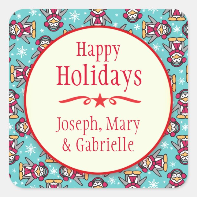 Christmas penguins name holiday gift sticker (Front)