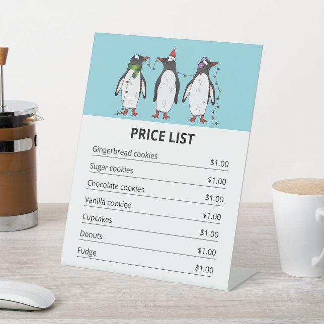 Christmas Penguins On Blue - Christmas Price List Pedestal Sign (In SItu)
