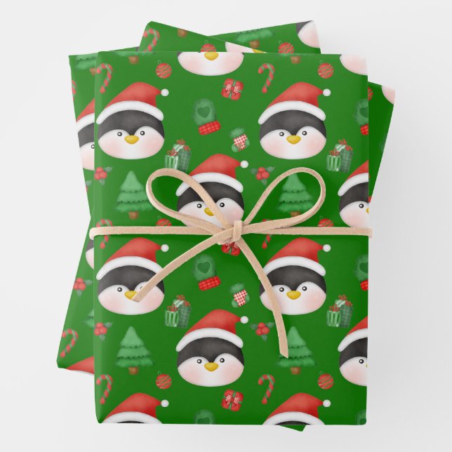 Christmas Penguins, Ornaments and Gifts Green  Wrapping Paper Sheet (In situ)