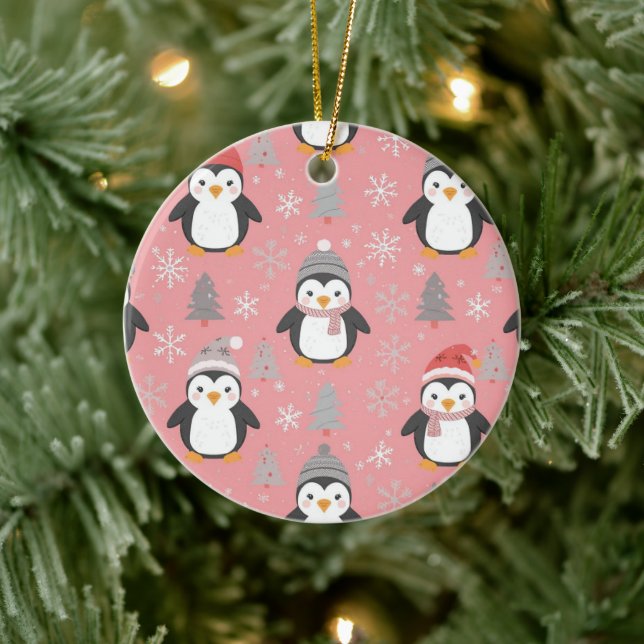 Christmas Penguins Pattern Pink Grey Ceramic Ornament (Tree)