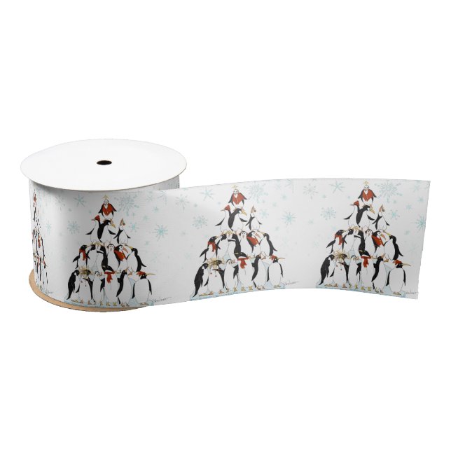 Christmas Penguins Pattern with Snow Flakes Satin Ribbon (Spool)