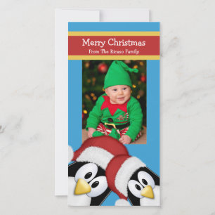 Christmas Penguins Personalized Blue And Red Holiday Card