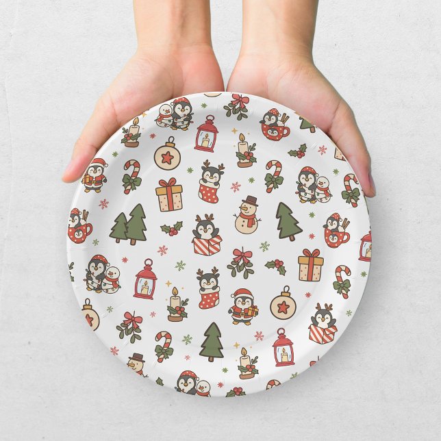 Christmas Penguins Red Green Paper Plate (Creator Uploaded)